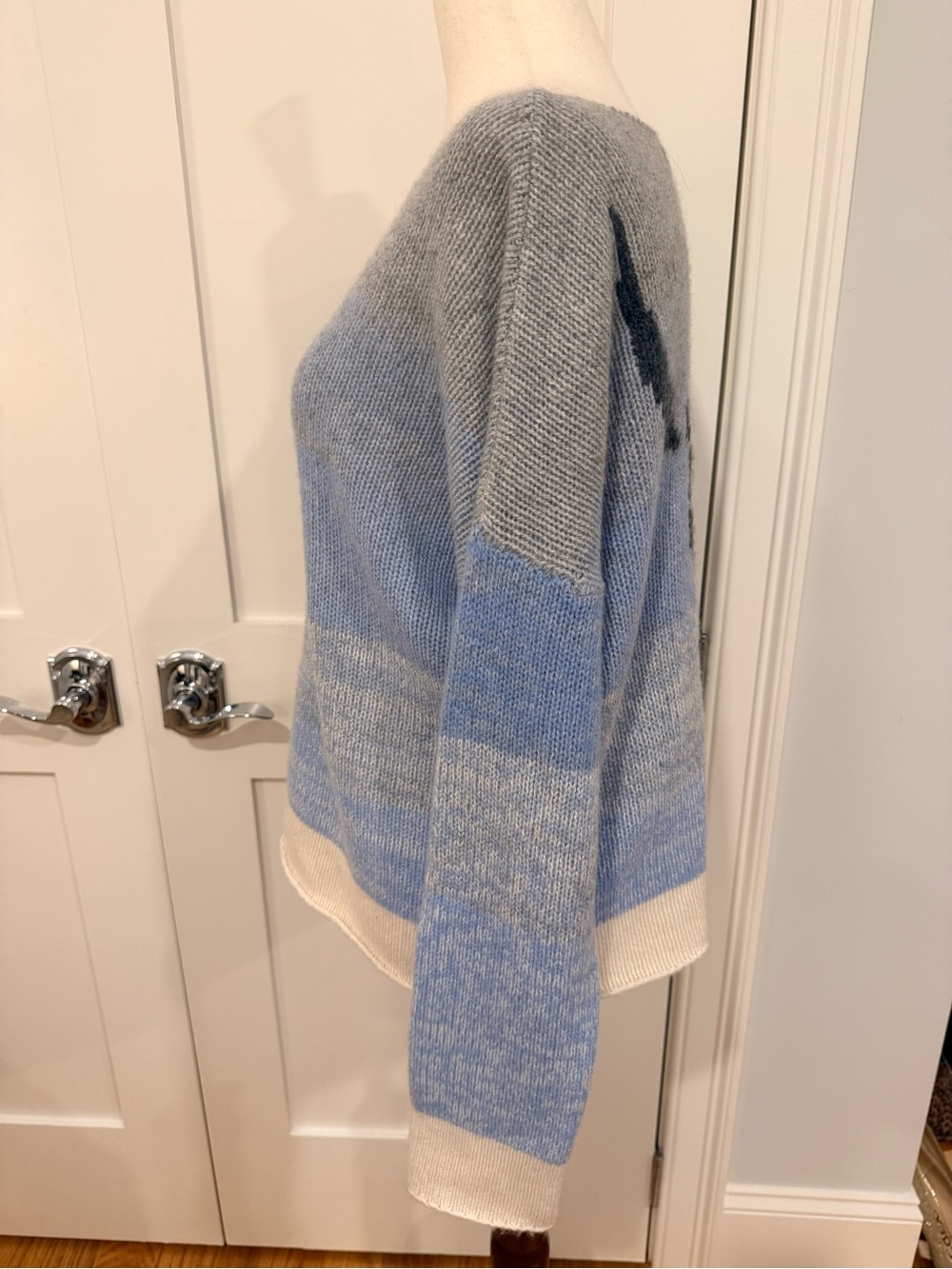Skull Cashmere Crewneck Sweater in Light Blue, Gray & Cream with Graphic - Picture 6 of 15